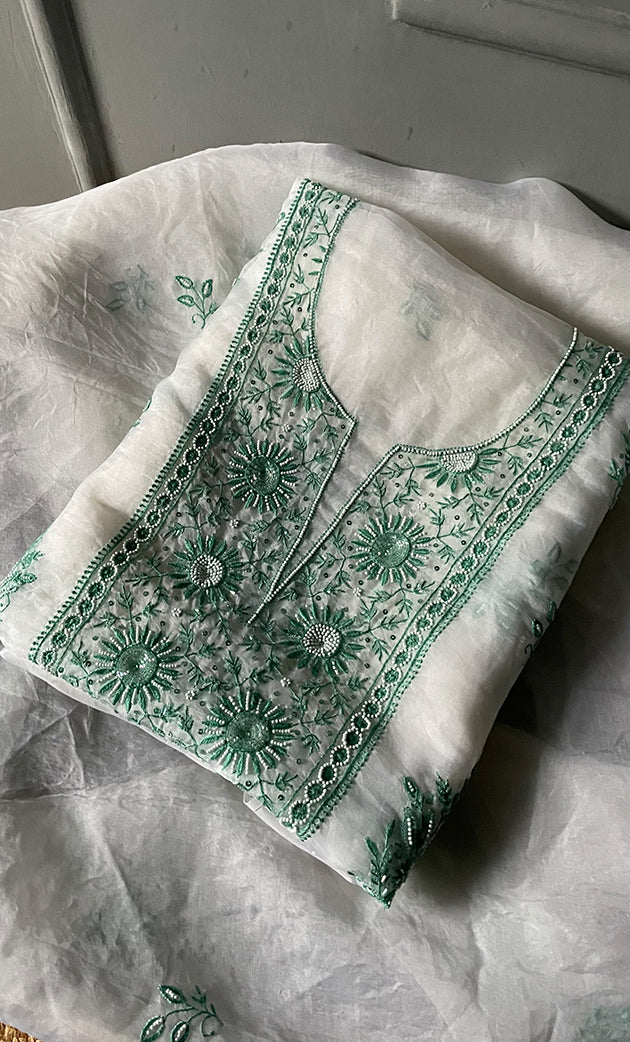 Women's Lakhnavi Handcrafted Pure Organza Chikankari Unstitched Kurta And Dupatta Set- HONC0297174