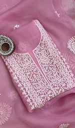 Load image into Gallery viewer, Women&#39;s Lakhnavi Handcrafted Pure Organza Chikankari Unstitched Kurta And Dupatta Set - HONC0135983
