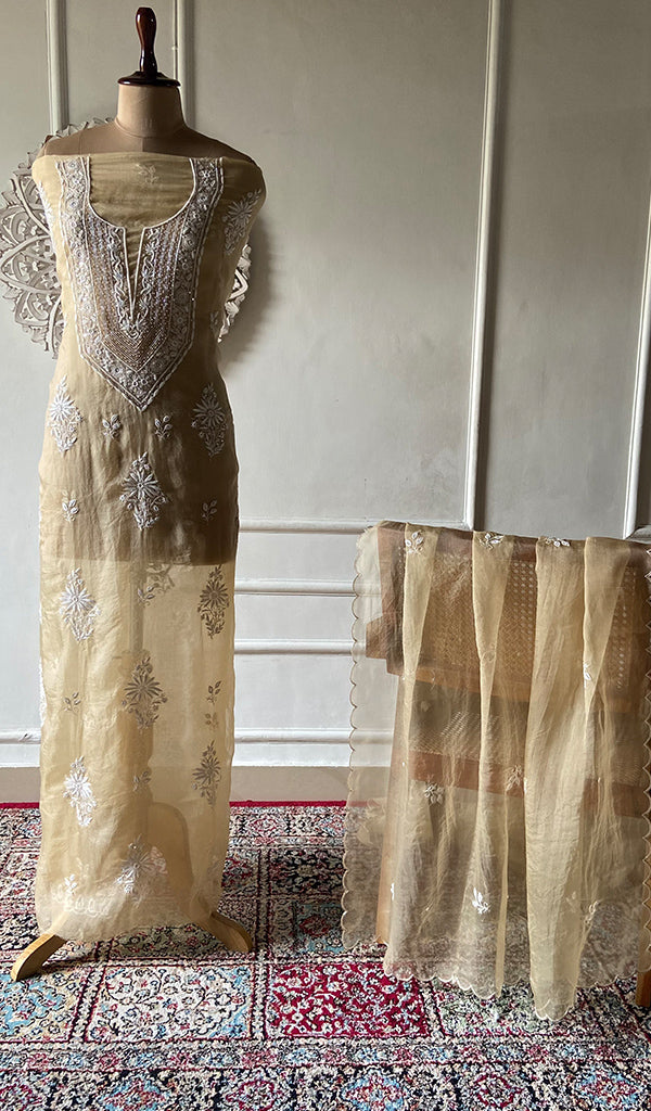 Women's Lakhnavi Handcrafted Pure Organza Chikankari Unstitched Kurta And Dupatta Set- HONC0368257