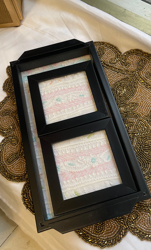 Handcrafted Chikankari Tray with Two Coasters – Wooden Frame - HONC0310961