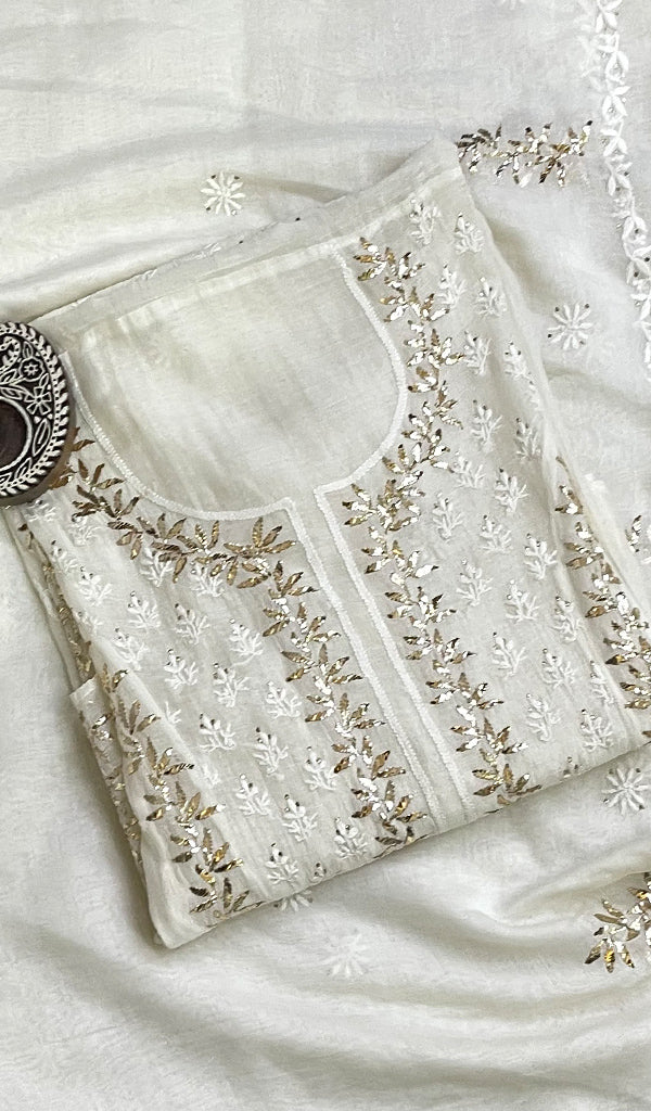 Women's Lakhnavi Handcrafted Mul Chanderi Chikankari Kurta Dupatta Set- HONC0179012