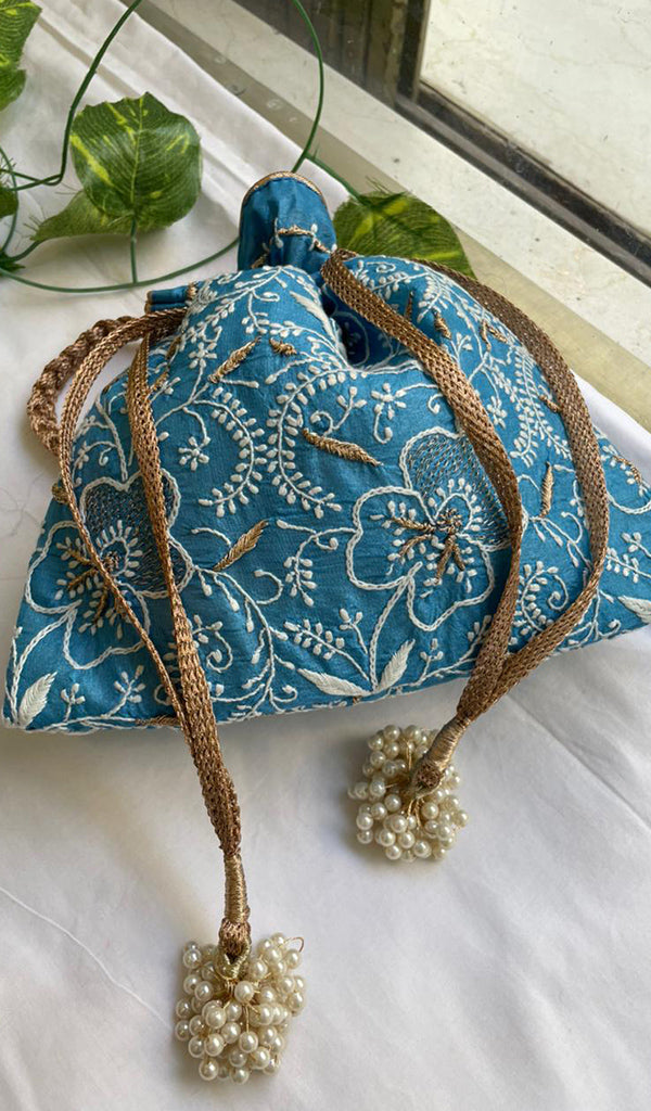 Green Chikankari Embroidered Potli Bag with Golden Bead Tassels - HONC0316098