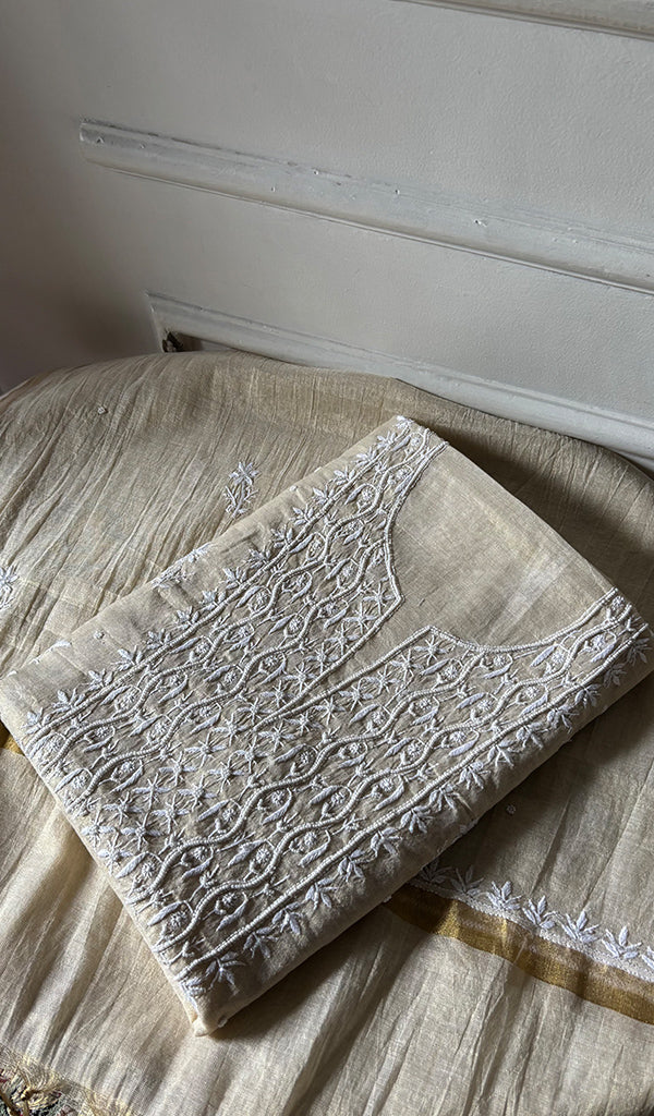 Women's Lakhnavi Handcrafted Tissue Chanderi Unstitched Chikankari Kurta And Dupatta Set - HONC0347705