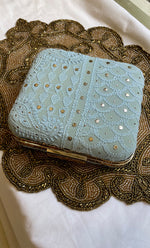 Load image into Gallery viewer, Light Blue Chikankari Embroidered Clutch with Golden Colour Chain - HONC0263111
