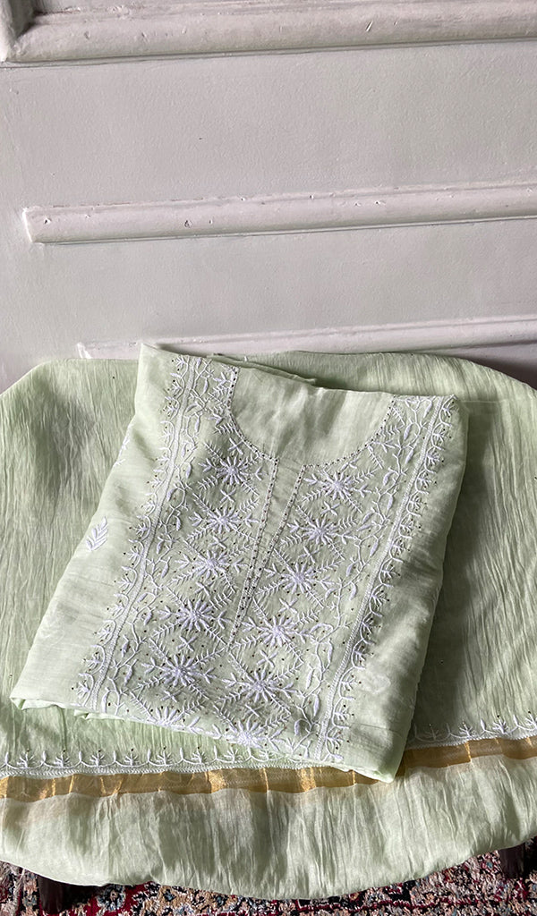 Women's Lakhnavi Handcrafted Mul Chanderi Unstitched Chikankari Full Suit - HONC0367574