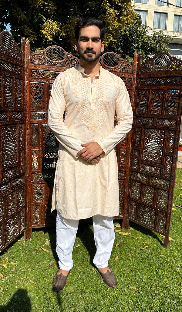 Men's Lucknowi Handcrafted Cotton Chikankari Kurta - HONC0329852