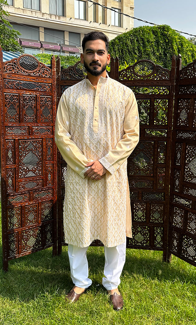 Men's Lucknowi Handcrafted Tissue Chanderi Chikankari Kurta - HONC0321236