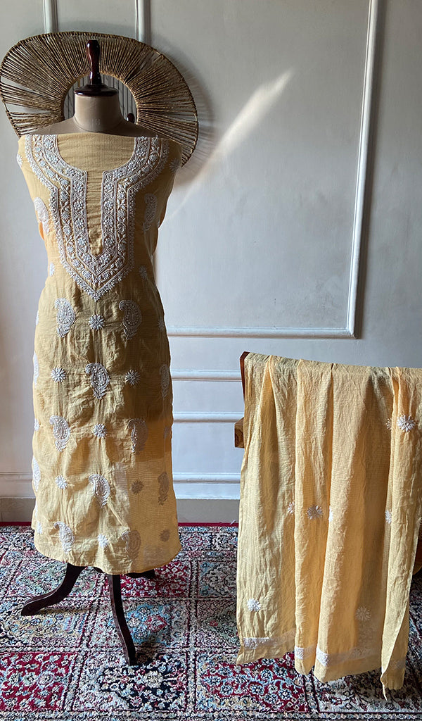 Women's Lucknowi Handcrafted Kota Cotton Chikankari Unstitched Kurta And Dupatta Set - HONC0371819