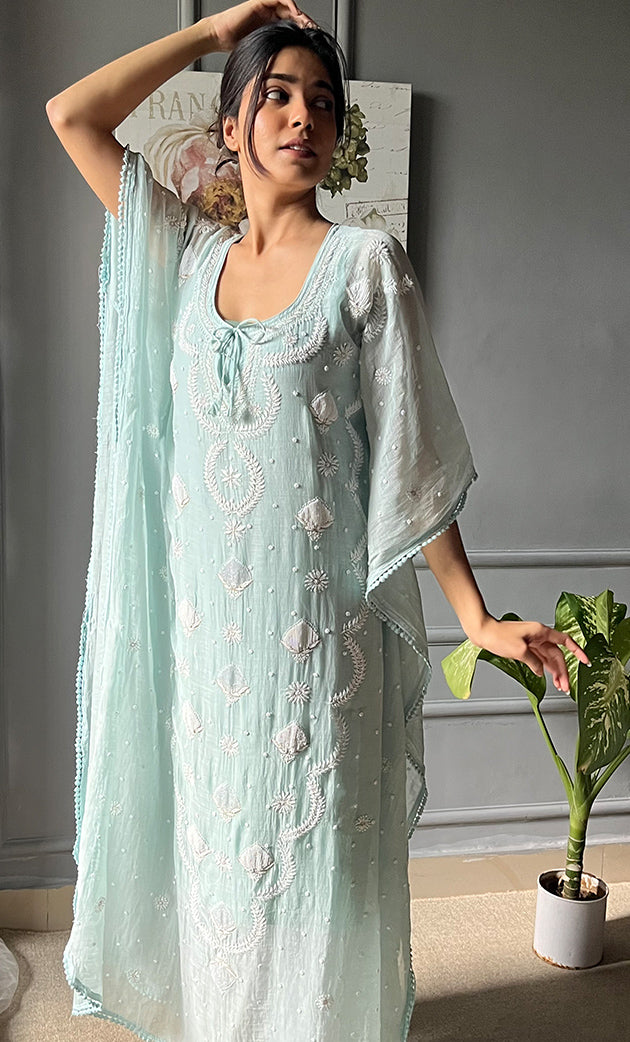 Rabia Women's Lucknowi Handcrafted Mul chanderi Chikankari Kaftan - HONC0304373