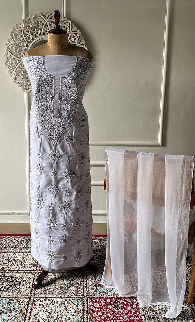 Women's Lakhnavi Handcrafted Unstitched Cotton Chikankari Suit Material
