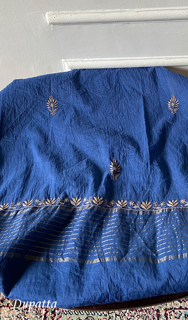 Women's Lucknowi Handcrafted Chanderi Silk Unstitched Chikankari Full Suit Material - HONC0351090
