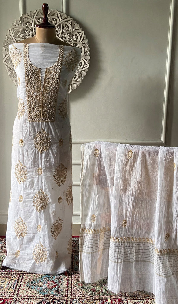 Women's Lakhnavi Handcrafted Mul Chanderi Unstitched Kurta And Dupatta Set - HONC0329227