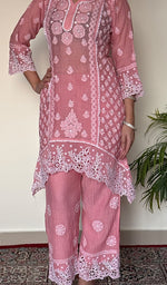 Women's Lucknowi Handcrafted Mul Chanderi Stitched Chikankari Short Kurta And Plazzo Set .