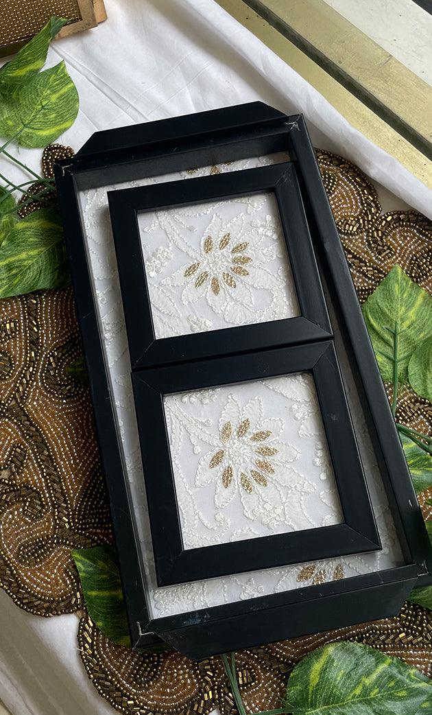 Handcrafted Chikankari Tray with Two Coasters – Wooden Frame - HONC0269377