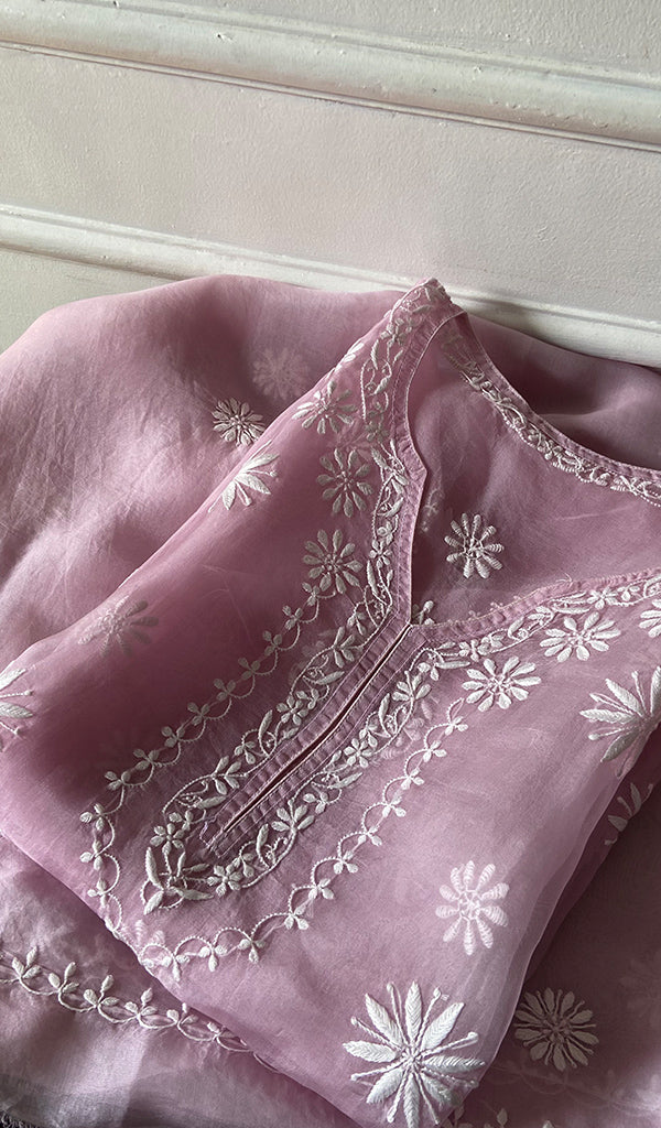 Women's Lakhnavi Handcrafted Pure Organza Chikankari Semi - Stitched Kurta And Dupatta Set- HONC0348613