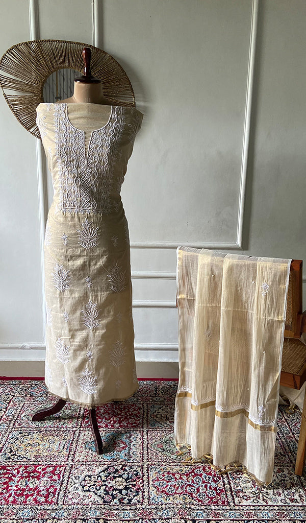Women's Lakhnavi Handcrafted Tissue Chanderi Unstitched Chikankari Kurta And Dupatta Set - HONC0359998