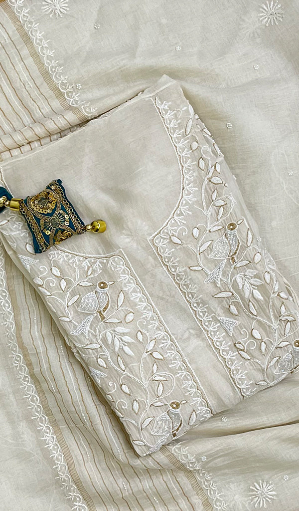 Women's Lakhnavi Handcrafted Mul Chanderi Chikankari Semi Stitched Kurta And Dupatta Set- HONC0148911