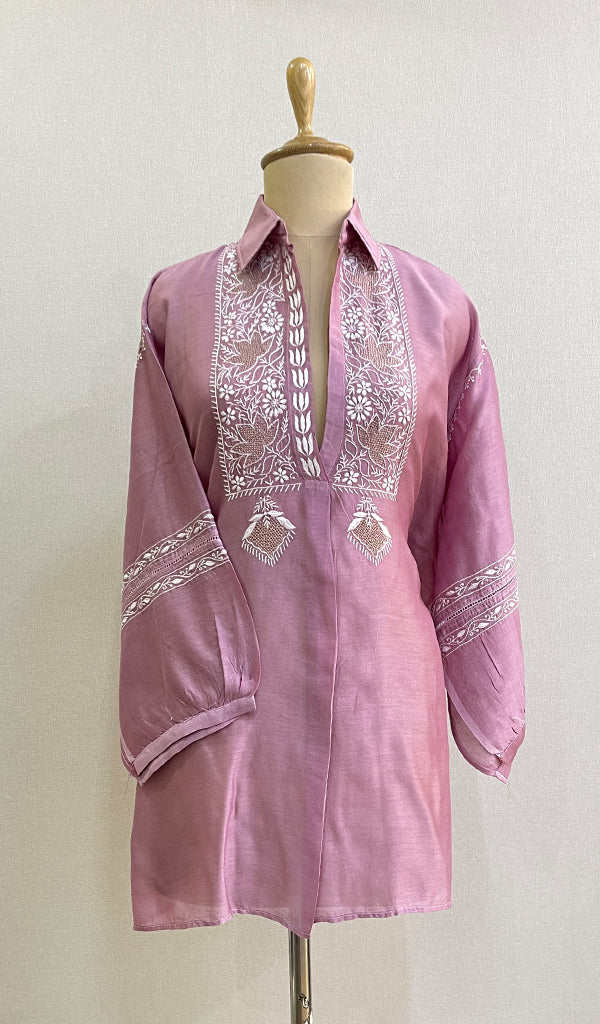 Fiza Women's Lakhnavi Handcrafted Chanderi Silk Semi- Stiched Chikankari Top - HONC0191713