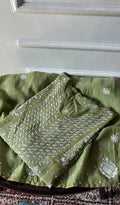 Aarushi Women's Lakhnavi Handcrafted Mul Chanderi Semi - stitched Chikankari Full Suit Material - HONC0