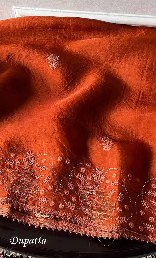 Mainaaj Women's Lakhnavi Handcrafted Pure Organza Chikankari Unstitched Kurta And Dupatta Set - HONC0330938