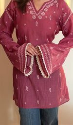 Rust Pure Mul Chanderi Chikankari Stitched Short Kurti
