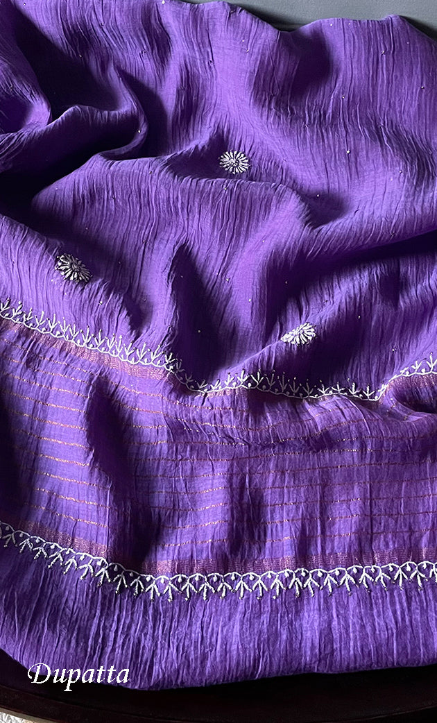 Women's Lakhnavi Handcrafted Mul Chanderi Chikankari Kurta, Dupatta ,Matching Slip And Pant Set - HONC0249449
