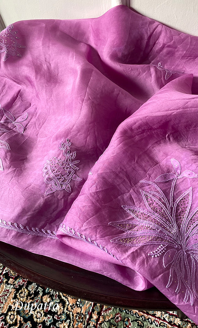 Women's Lakhnavi Handcrafted Pure Organza Chikankari Unstitched Kurta And Dupatta Set- HONC0304147