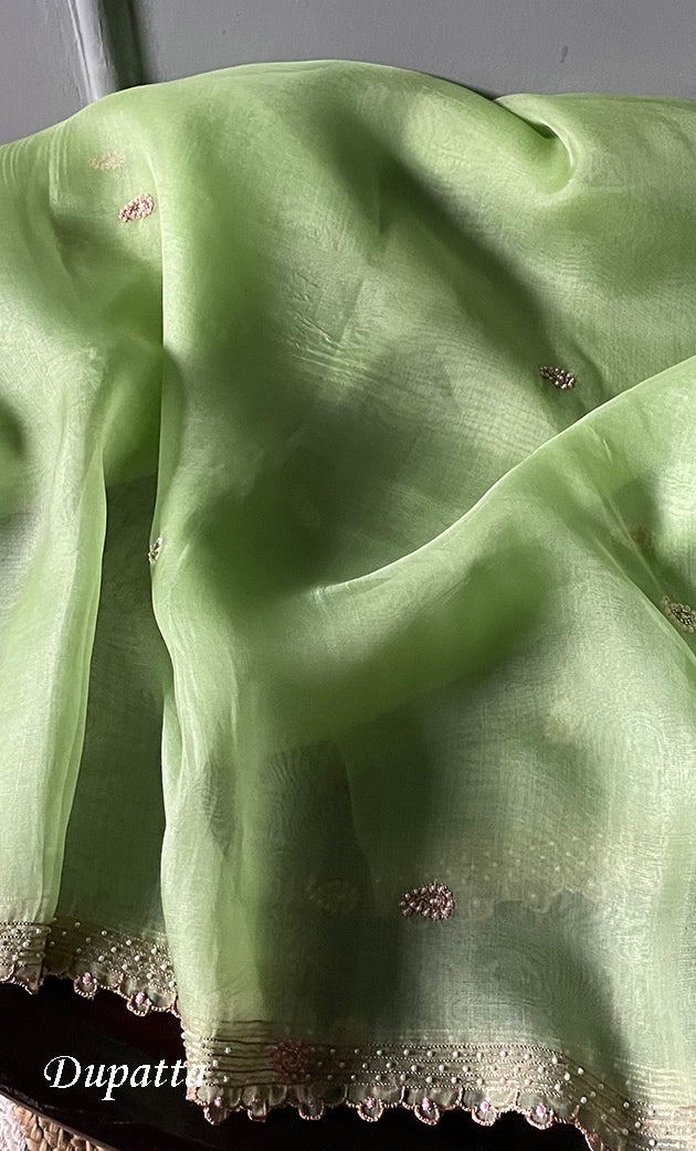 Women's Lakhnavi Handcrafted Pure Organza  Silk Chikankari Unstitched Full Suit Material - HONC0267226