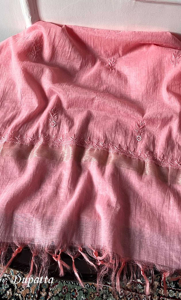 Women's Lakhnavi Handcrafted Mul Chanderi Unstitched Chikankari Full Suit Material - HONC0314658