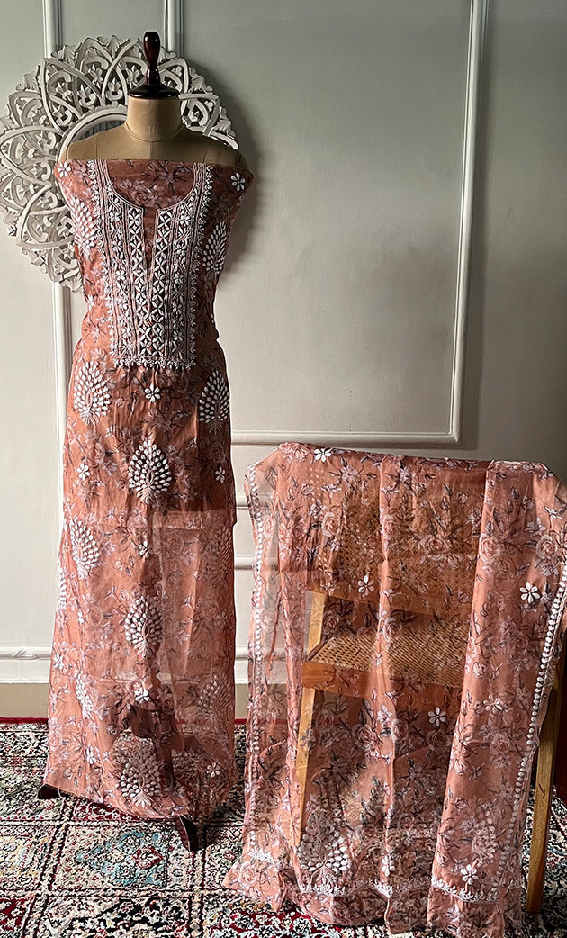 Women's Lakhnavi Handcrafted Organza Chikankari Unstitched Kurta And Dupatta Set - HONC0332128