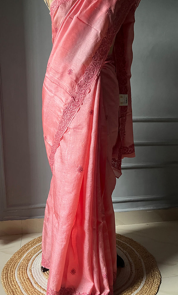 Women's Lakhnavi Handcrafted Tussar Silk Chikankari Saree - HONC0307372