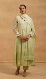 Load image into Gallery viewer, Women's Lakhnavi Handcrafted Mul Chanderi Chikankari Stitched Kurta, Dupatta And Pant Set - HONC0520644
