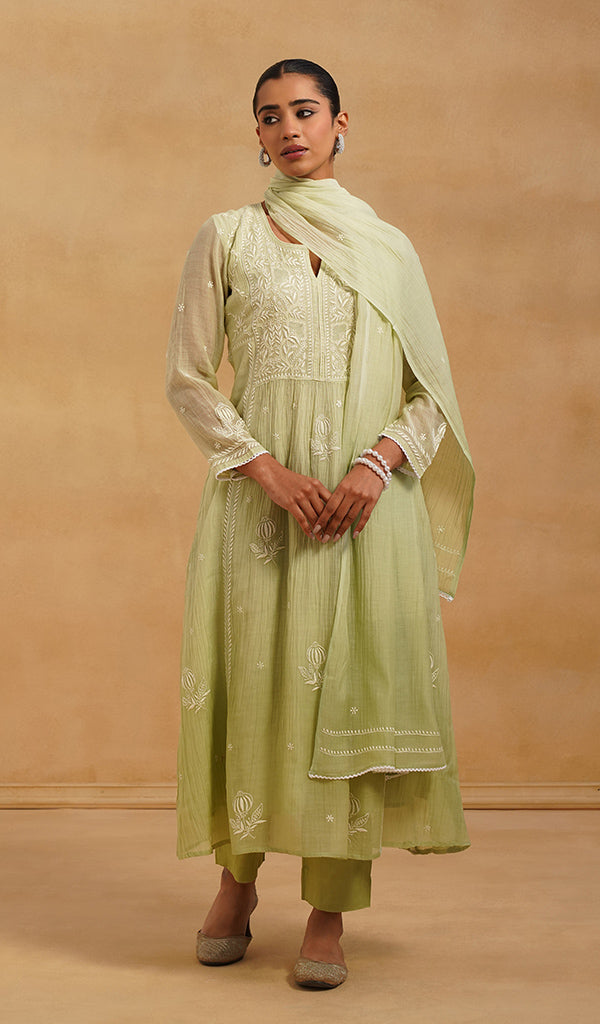 Women's Lakhnavi Handcrafted Mul Chanderi Chikankari Stitched Kurta, Dupatta And Pant Set - HONC0520644