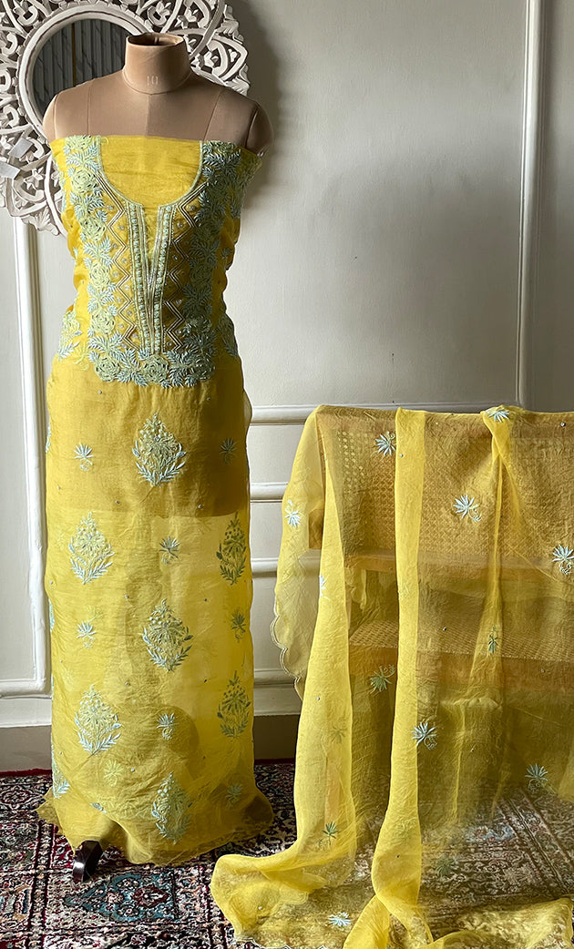 Women's Lakhnavi Handcrafted Pure Organza Chikankari Unstitched Kurta And Dupatta Set- HONC0318668