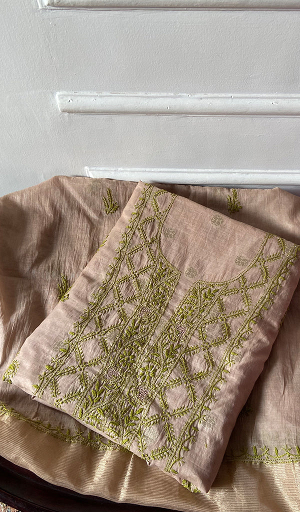Lakhnavi Handcrafted Chanderi Silk Chikankari Full Suit Material - HONC0321898