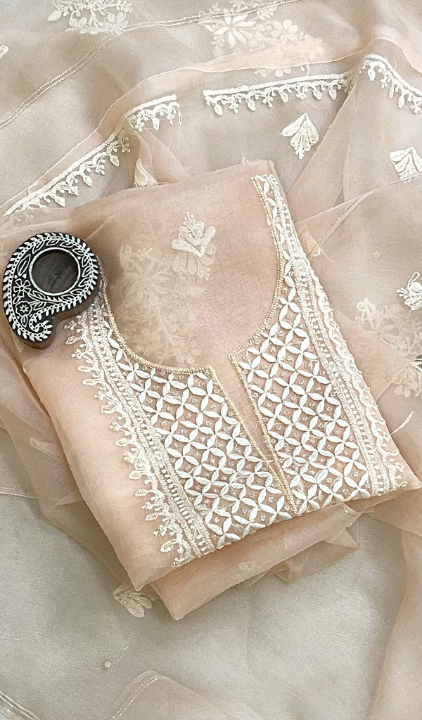 Women's Lakhnavi Handcrafted Pure Organza Chikankari Unstitched Kurta And Dupatta Set- HONC0176428