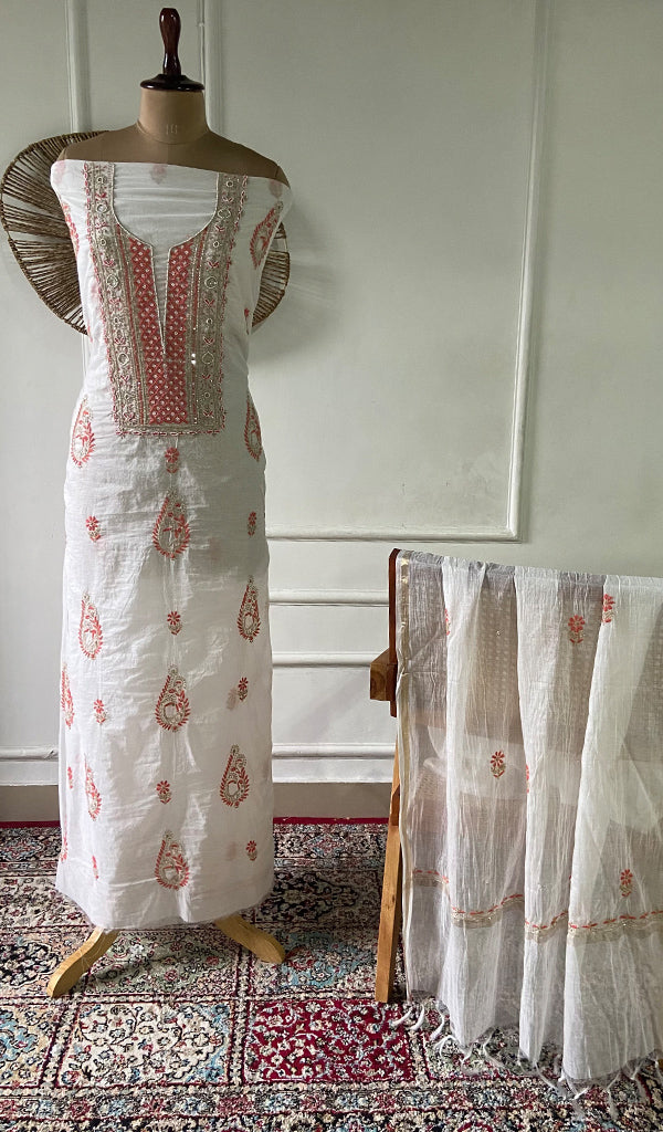 Women's Lakhnavi Handcrafted Mul Chanderi Unstitched Kurta And Dupatta Set- HONC0366817