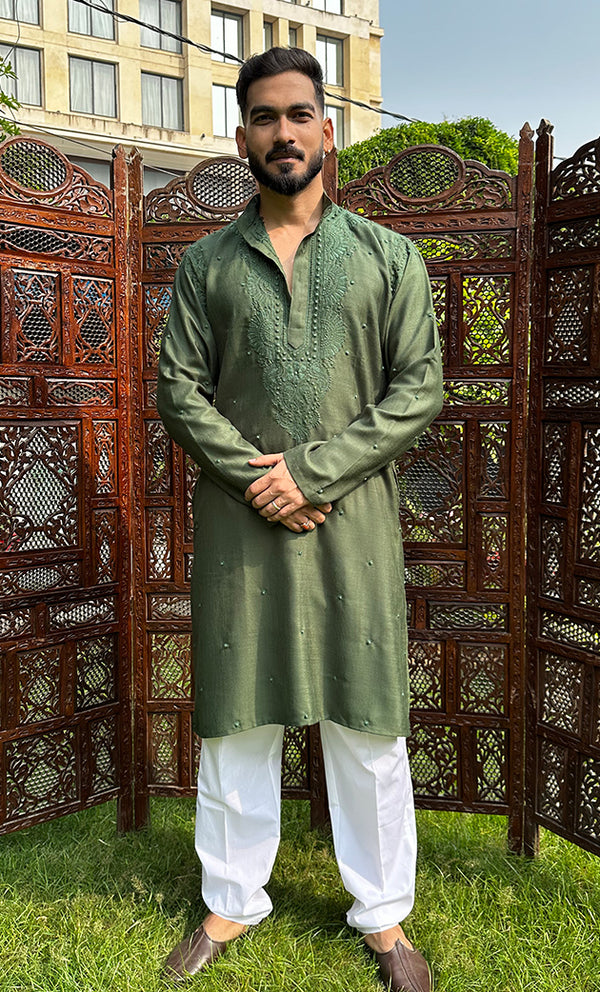 Men's Lucknowi Handcrafted Cotton Chikankari Kurta - HONC0324706