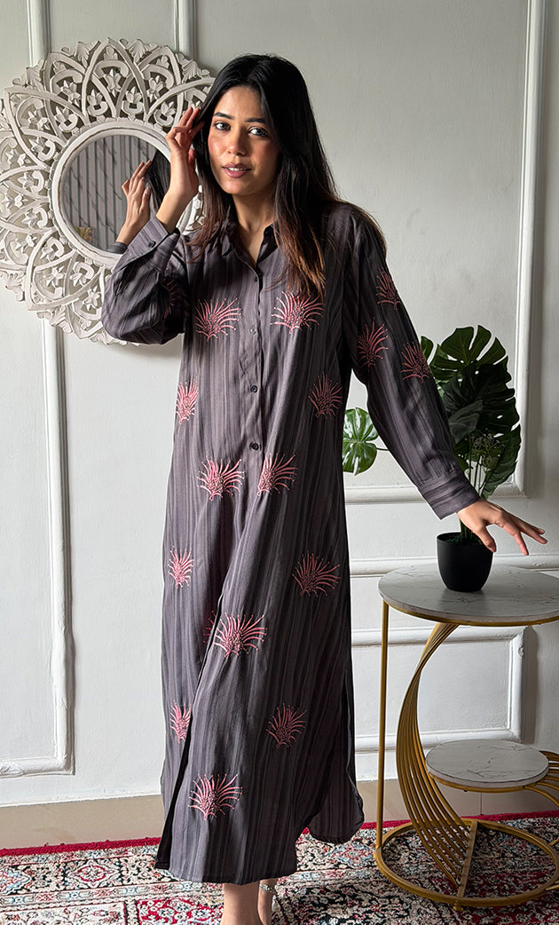 Vaishali Women's Lucknowi Handcrafted Cotton Chikankari Long Dress - HONC0341150