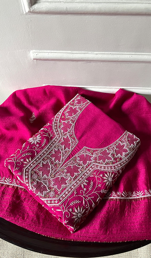 Women's Lakhnavi Handcrafted Munga Silk Chikankari Kurta And Dupatta Set- HONC0275144