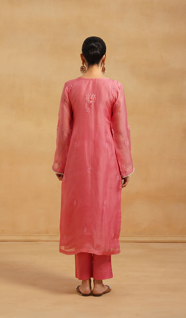 Women's Lucknowi Handcrafted Pure Organza Silk Stitched Chikankari Kurta, Dupatta With Pant Set- HONC0786058