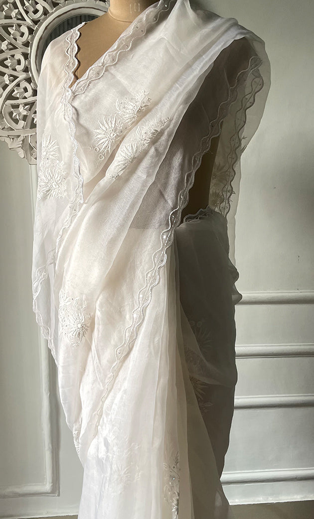 Women's Lucknowi Handcrafted Pure Organza Silk Chikankari Saree - HONC0321035