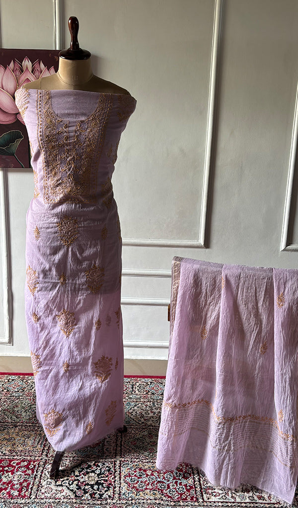 Women's Lakhnavi Handcrafted Chanderi Silk Unstitched Chikankari Full Suit - HONC0351091