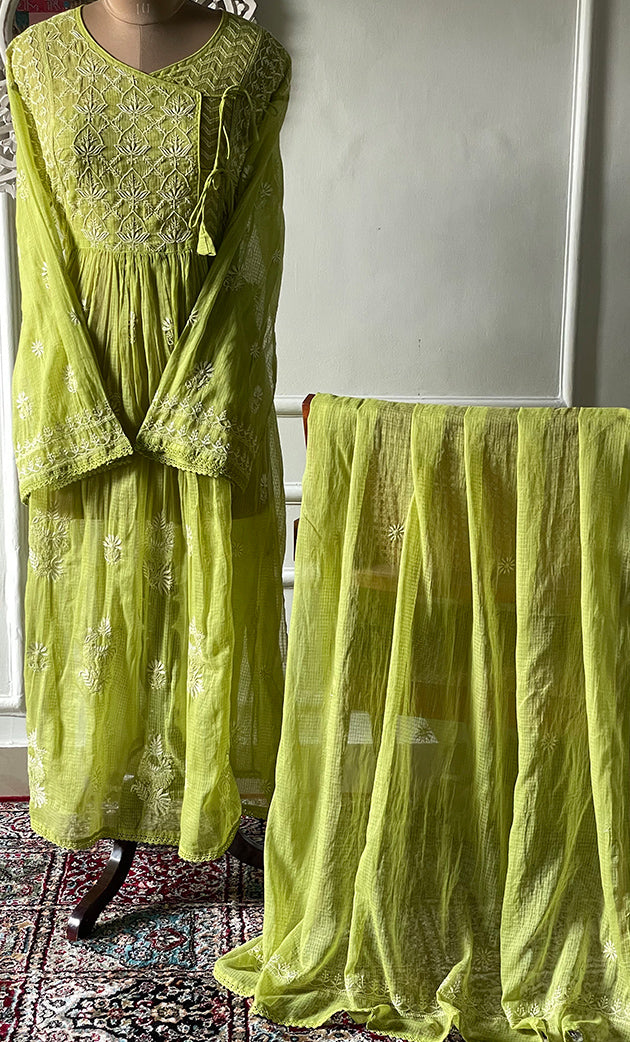 Naaz Women's Lucknowi Handcrafted Kota Chanderi Chikankari Semi Stitched Kurta And Dupatta Set - HONC0322002