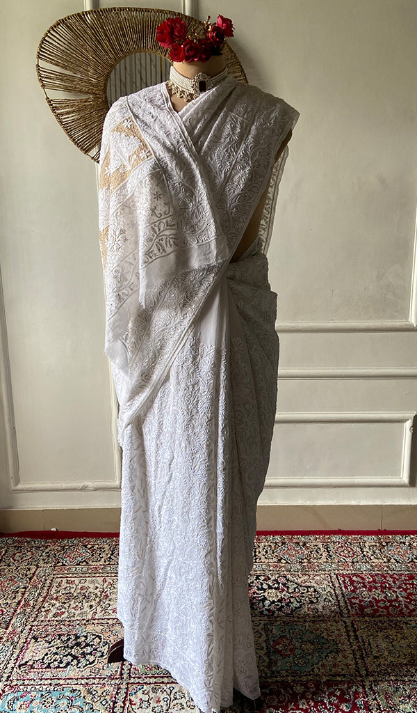 Women's Lakhnavi Handcrafted Pure Silk Georgette Chikankari Saree- HONC0178854