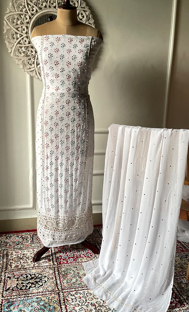 Women's Lucknowi Handcrafted Viscose Georgette Semi - Stitched Chikankari Kurta and Dupatta Set- HONC0328908