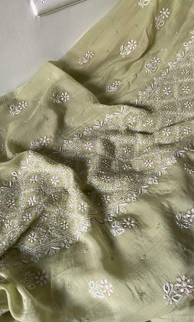 Women's Lakhnavi Handcrafted Mul Chanderi UnStitched Kurta And Dupatta Set - HONC0318527