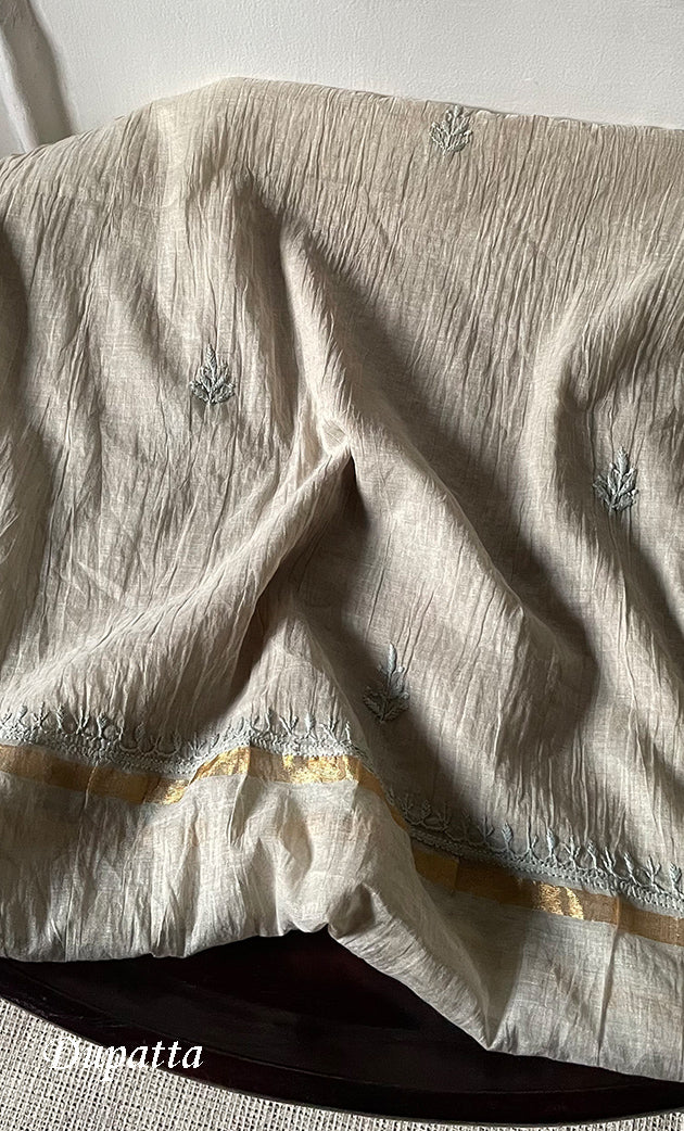 Women's Lakhnavi Handcrafted Mul Chanderi Unstitched Chikankari Full Suit Material - HONC0319537