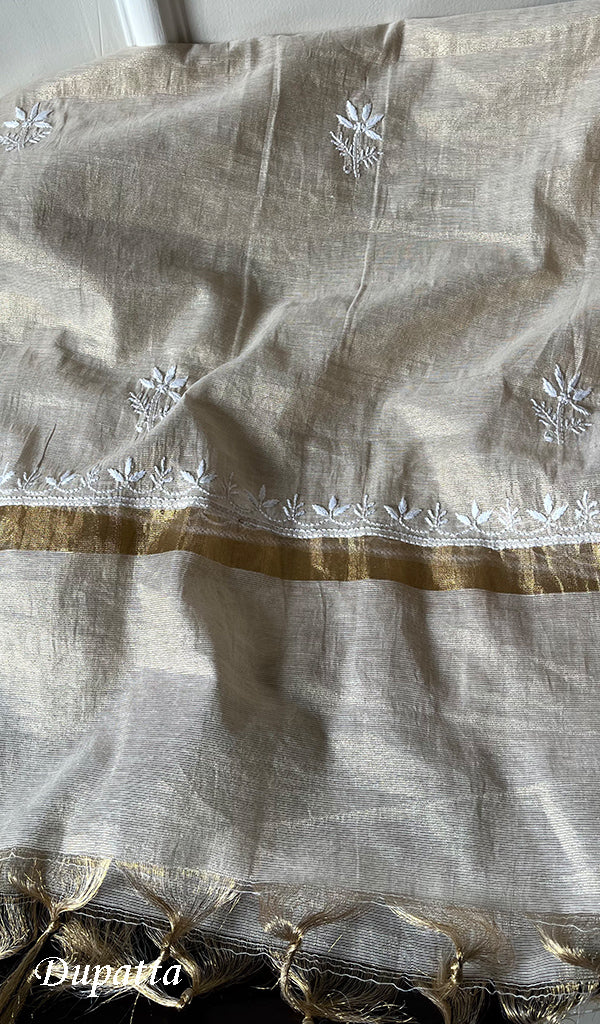 Women's Lakhnavi Handcrafted Tissue Chanderi Chikankari Unstitched Kurta And Dupatta Set- HONC0242483