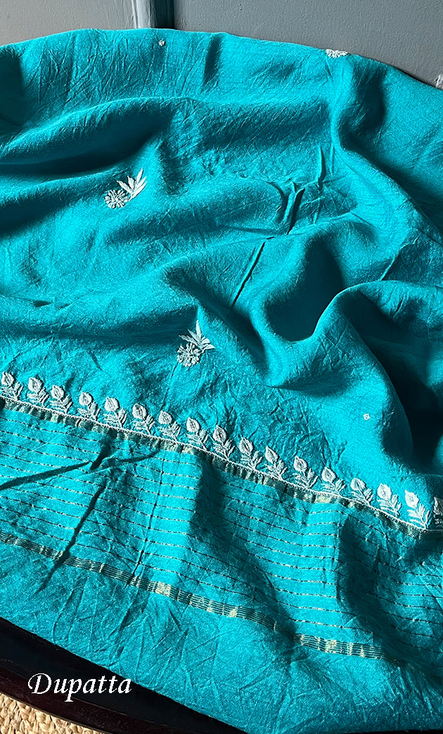 Women's Lakhnavi Handcrafted Munga Silk Chikankari Kurta And Dupatta Set- HONC0279953
